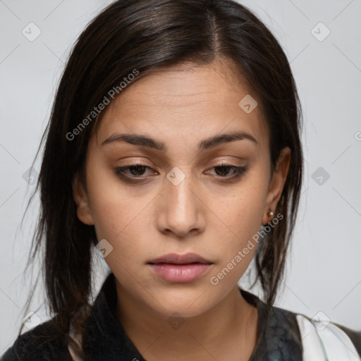 Neutral white young-adult female with medium  brown hair and brown eyes