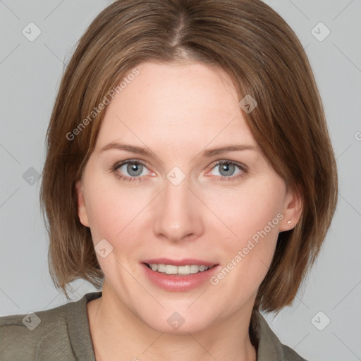 Joyful white young-adult female with medium  brown hair and blue eyes