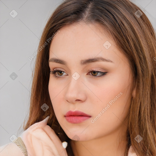 Neutral white young-adult female with long  brown hair and brown eyes