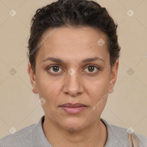 Joyful white adult female with short  brown hair and brown eyes