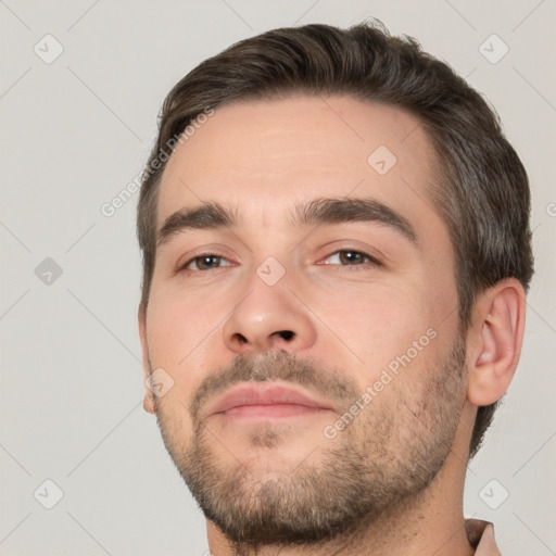 Neutral white young-adult male with short  brown hair and brown eyes