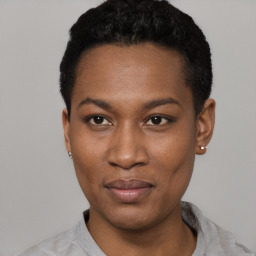 Neutral black young-adult female with short  black hair and brown eyes