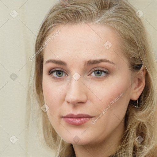 Neutral white young-adult female with medium  brown hair and grey eyes