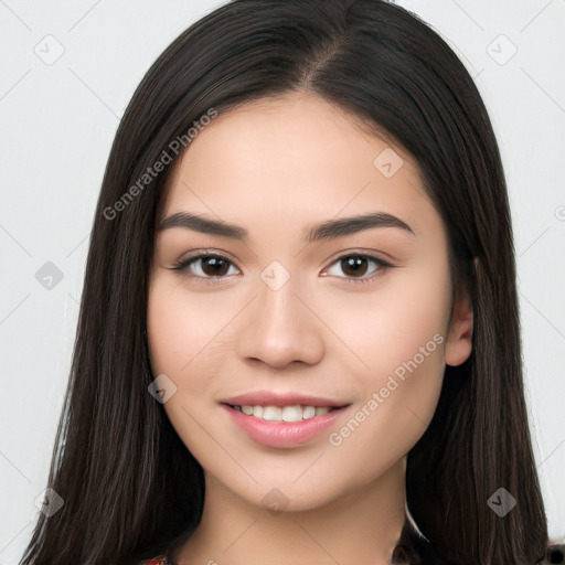 Joyful white young-adult female with long  black hair and brown eyes