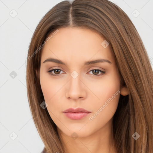 Neutral white young-adult female with long  brown hair and brown eyes