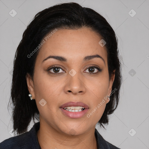 Joyful latino young-adult female with medium  black hair and brown eyes