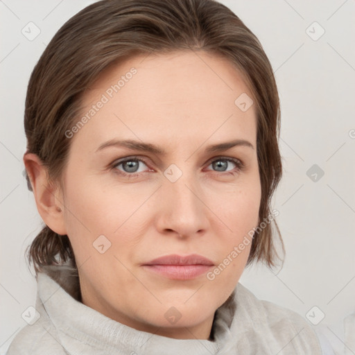 Neutral white young-adult female with medium  brown hair and grey eyes