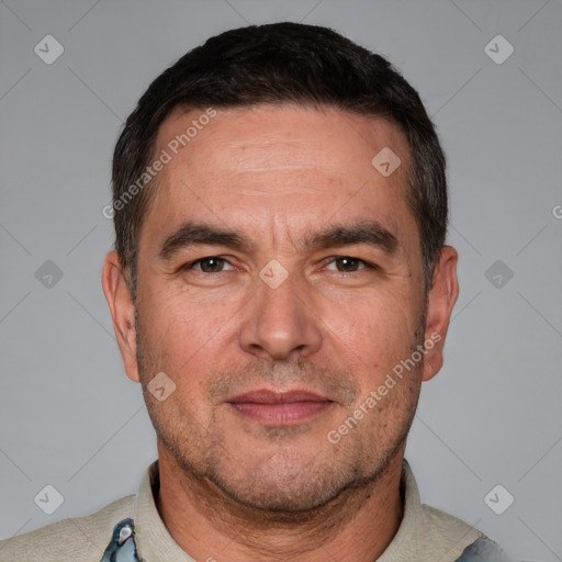 Neutral white adult male with short  brown hair and brown eyes