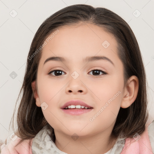 Joyful white child female with medium  brown hair and brown eyes