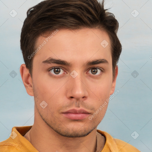 Neutral white young-adult male with short  brown hair and brown eyes