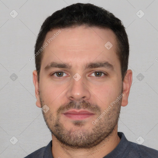 Neutral white young-adult male with short  brown hair and brown eyes