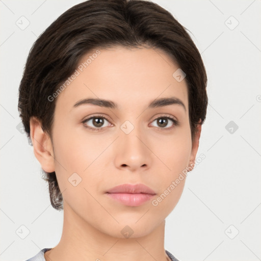 Neutral asian young-adult female with short  brown hair and brown eyes