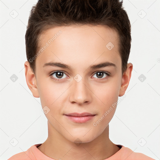 Neutral white young-adult female with short  brown hair and brown eyes