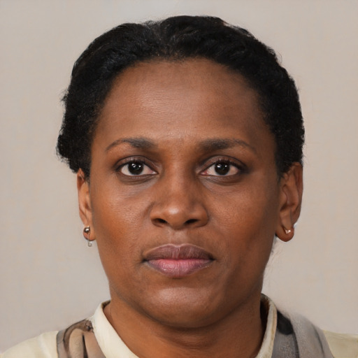 Neutral black adult female with short  black hair and brown eyes