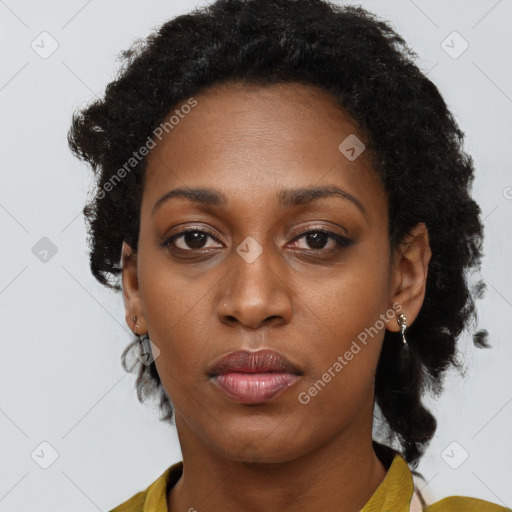 Neutral black young-adult female with short  black hair and brown eyes