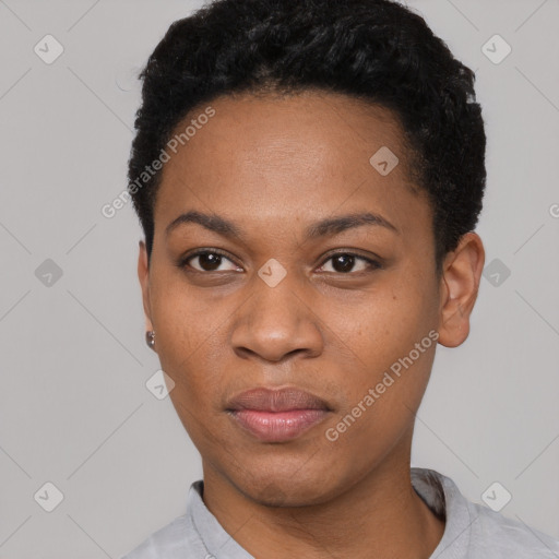 Neutral black young-adult female with short  black hair and brown eyes