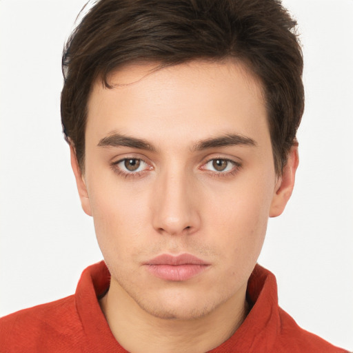 Neutral white young-adult male with short  brown hair and brown eyes