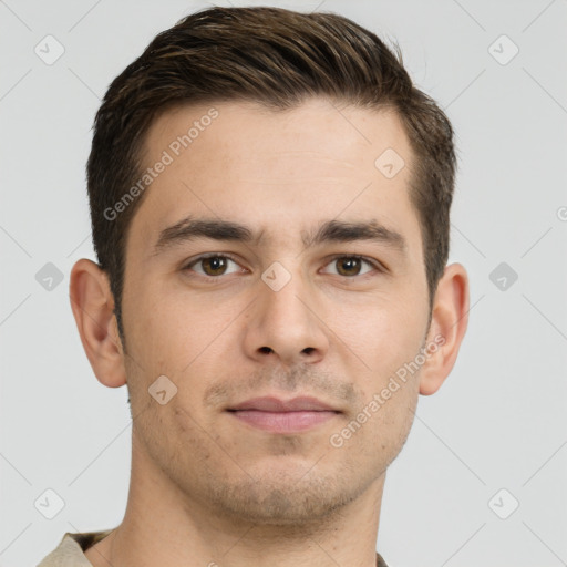 Neutral white young-adult male with short  brown hair and brown eyes