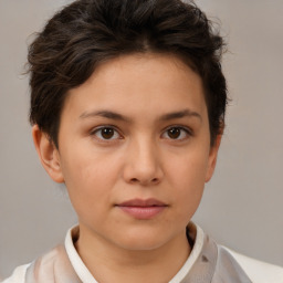 Neutral white young-adult female with short  brown hair and brown eyes