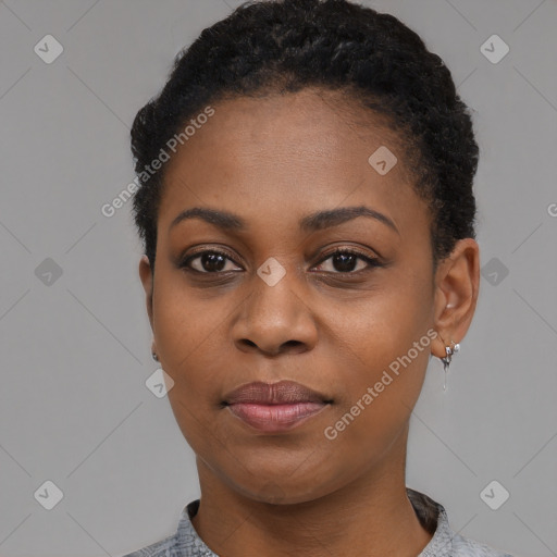 Neutral black young-adult female with short  black hair and brown eyes