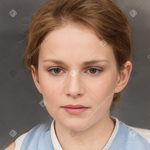 Neutral white young-adult female with short  brown hair and brown eyes