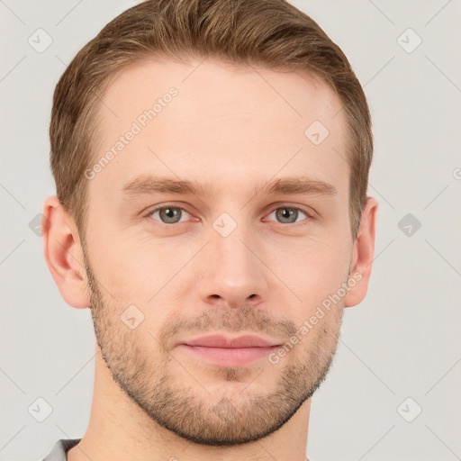 Neutral white young-adult male with short  brown hair and grey eyes