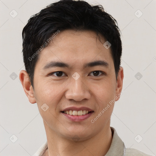 Joyful white young-adult male with short  black hair and brown eyes