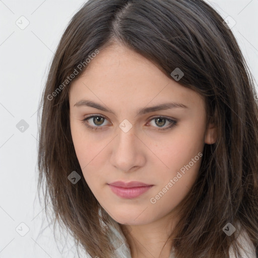 Neutral white young-adult female with long  brown hair and brown eyes