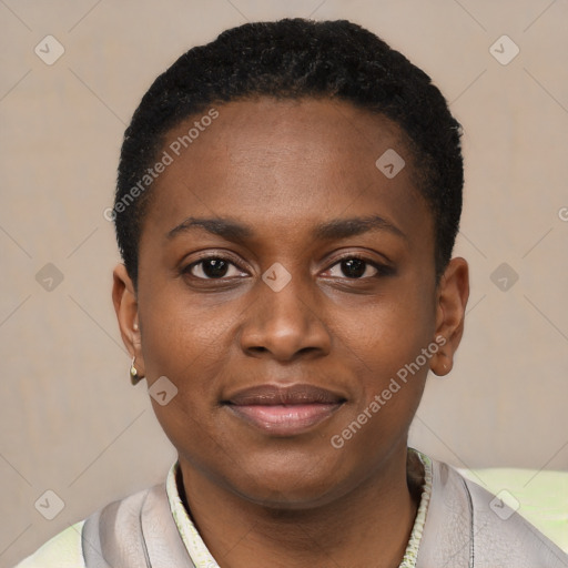 Joyful black young-adult female with short  black hair and brown eyes