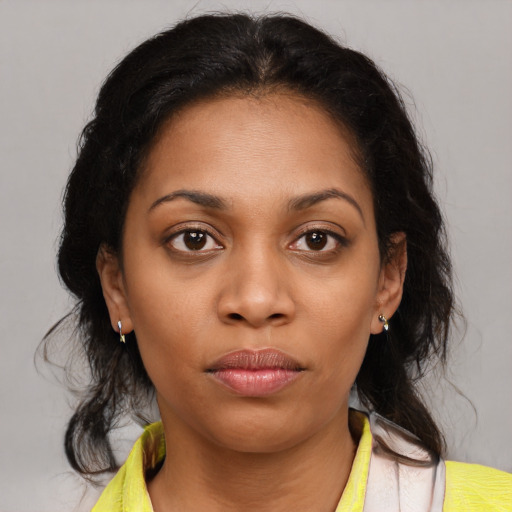Neutral latino young-adult female with medium  brown hair and brown eyes