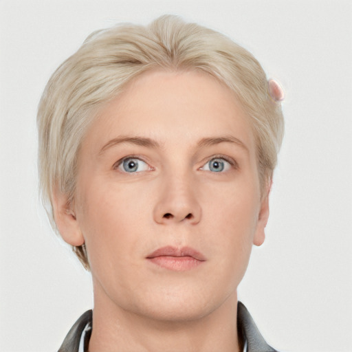 Neutral white adult female with short  blond hair and blue eyes