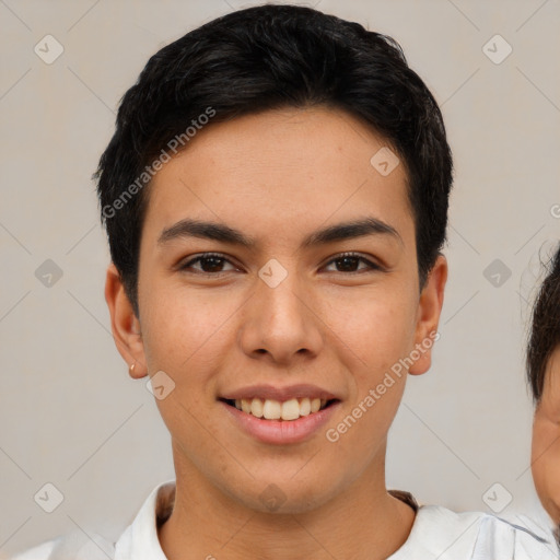 Joyful asian young-adult female with short  black hair and brown eyes