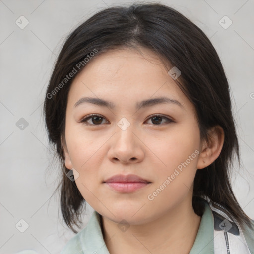 Neutral asian young-adult female with medium  brown hair and brown eyes