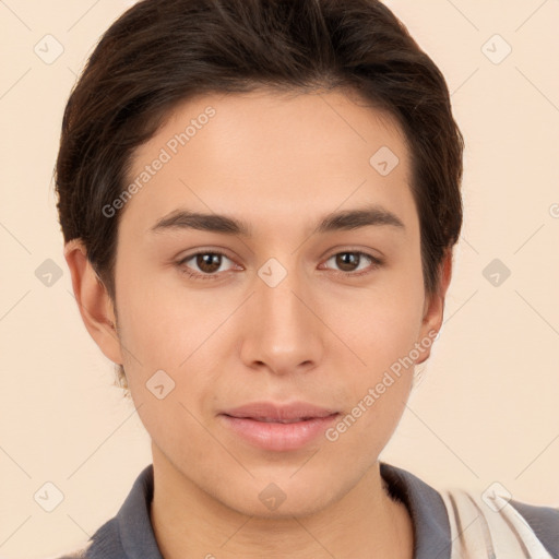 Neutral white young-adult male with short  brown hair and brown eyes