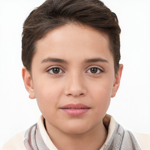 Joyful white child female with short  brown hair and brown eyes