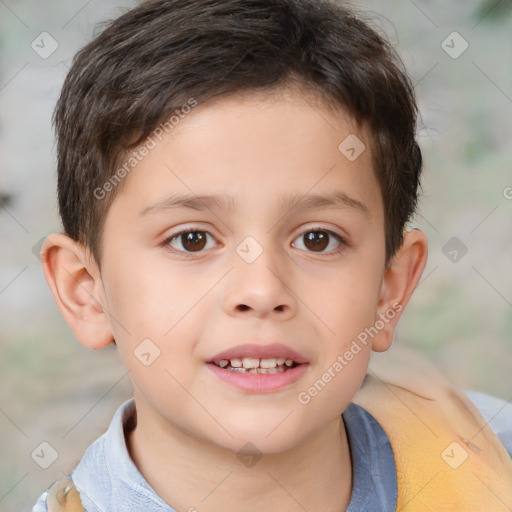 Joyful white child male with short  brown hair and brown eyes