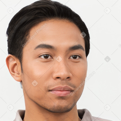 Neutral latino young-adult male with short  black hair and brown eyes