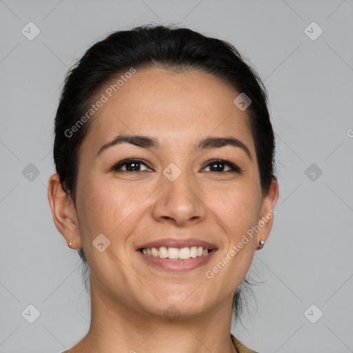 Joyful white young-adult female with medium  brown hair and brown eyes