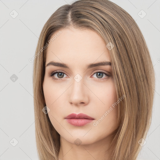 Neutral white young-adult female with long  brown hair and brown eyes