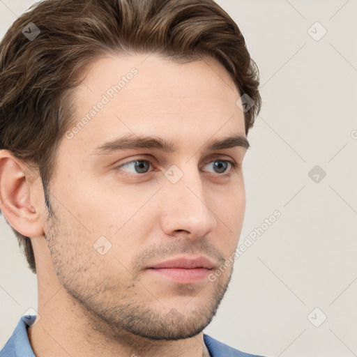 Neutral white young-adult male with short  brown hair and grey eyes