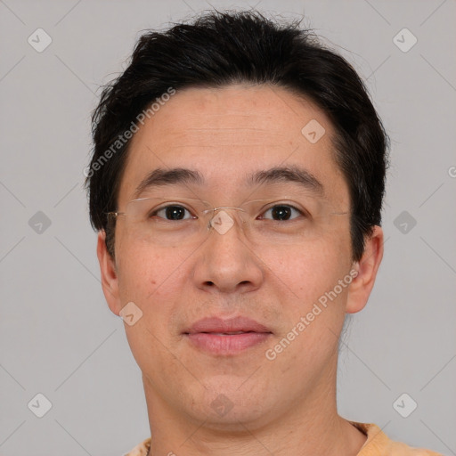 Joyful asian young-adult male with short  brown hair and brown eyes