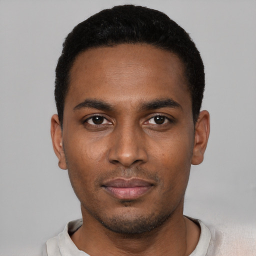 Neutral black young-adult male with short  black hair and brown eyes