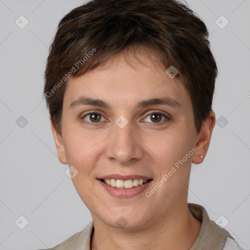 Joyful white young-adult female with short  brown hair and brown eyes