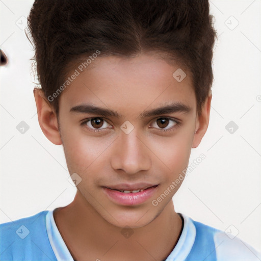 Joyful white child male with short  brown hair and brown eyes