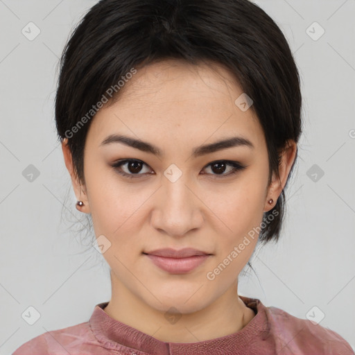 Joyful white young-adult female with medium  black hair and brown eyes