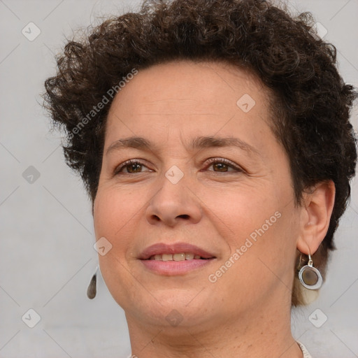 Joyful white adult female with short  brown hair and brown eyes