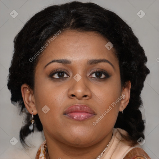 Joyful black young-adult female with medium  brown hair and brown eyes