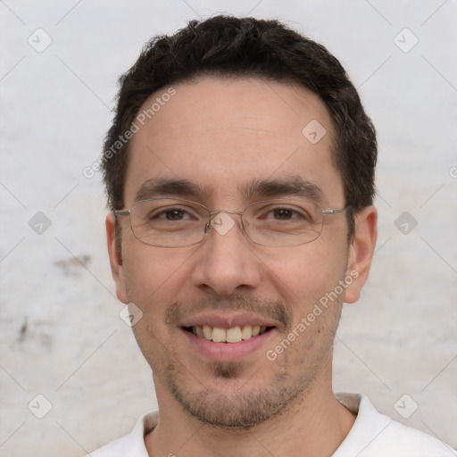 Joyful white adult male with short  brown hair and brown eyes