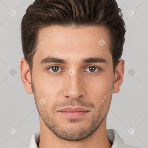 Neutral white young-adult male with short  brown hair and brown eyes