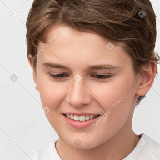 Joyful white young-adult female with short  brown hair and brown eyes